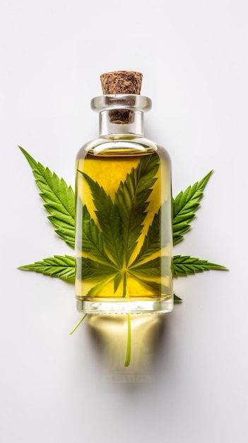 óleo de cannabis em uma garrafa de fundo branco