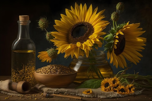 Óleo de girassol de natureza morta rural em garrafa com flores de girassol Helianthus annuus em luz escura Rede neural gerada por IA