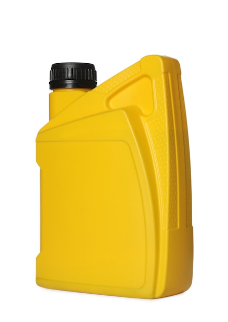 Foto Óleo de motor em recipiente amarelo isolado em branco