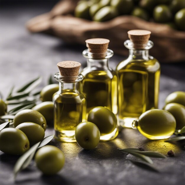 Óleo de oliva e galho de oliva sobre mesa de madeira