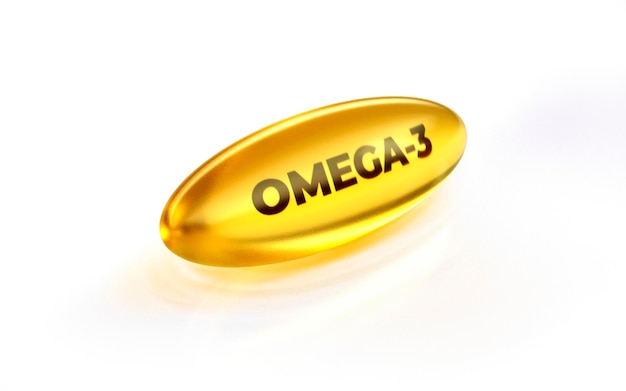 Óleo de peixe dourado ou benefícios Omega de pílulas que melhoram a saúde mental dos olhos dos ossos do coração renderização 3d