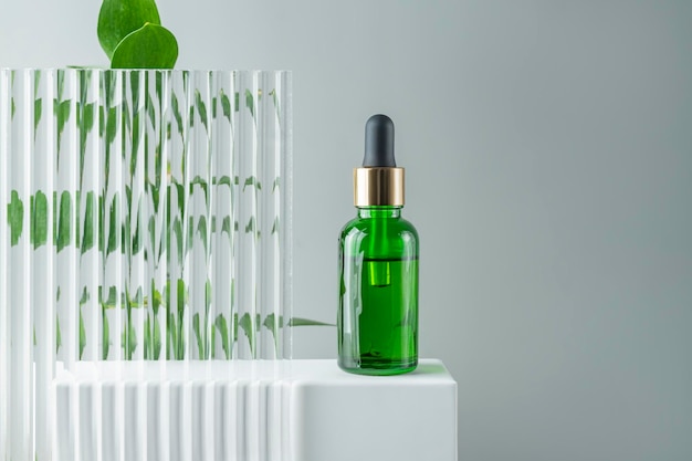 Óleo de soro de garrafa cosmética em suporte branco com ramo verde em fundo cinza Conceito de cosméticos naturais produto para cuidados com a pele Conceito de beleza para maquete de cuidados com o rosto