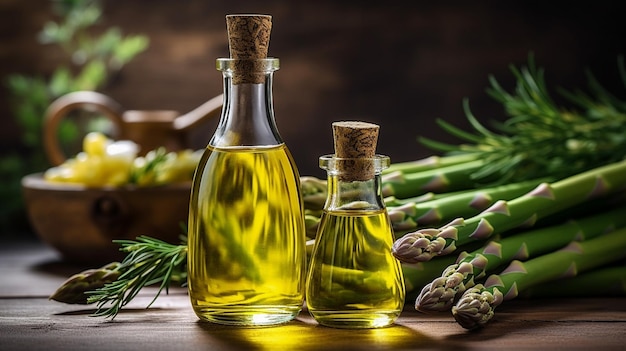 Foto Óleo essencial de espargo em uma mesa de madeira