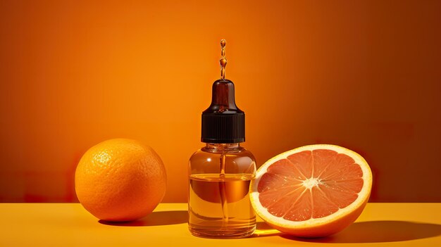 Foto Óleo essencial de laranja em frasco de vidro