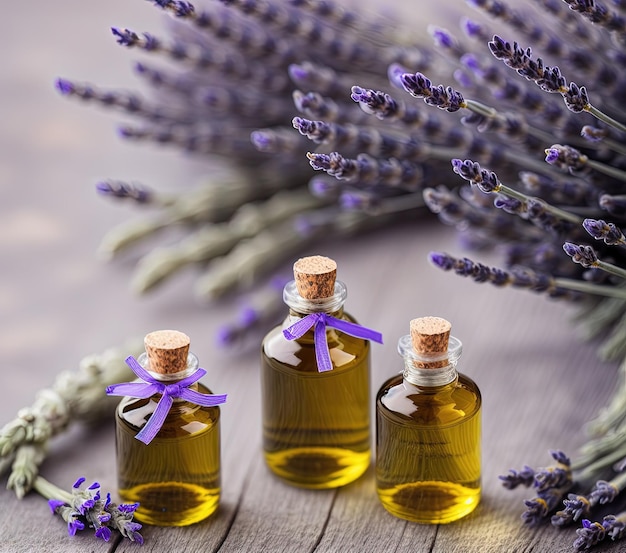 Óleo essencial de lavanda em uma garrafa em um fundo de madeira