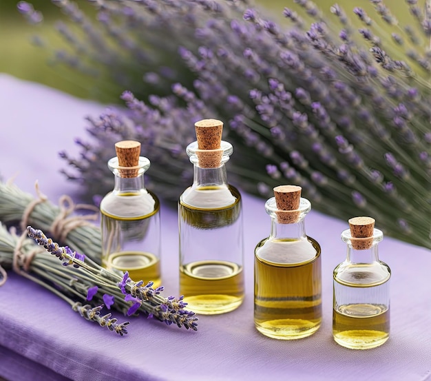 óleo essencial de lavanda em uma garrafa em um fundo de madeira