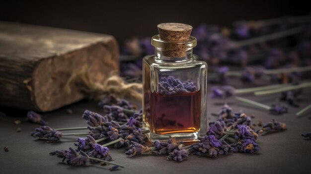 Foto Óleo essencial de lavanda em uma garrafa pequena natureza de foco seletivo ia generativa