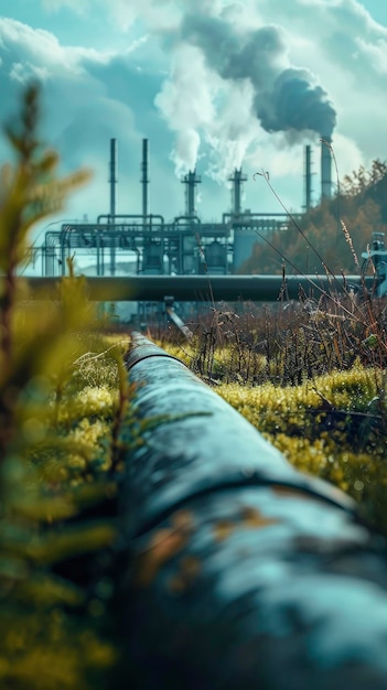 Un oleoducto que proviene de la moderna fábrica de hidrógeno ecológico en el fondo de la energía verde