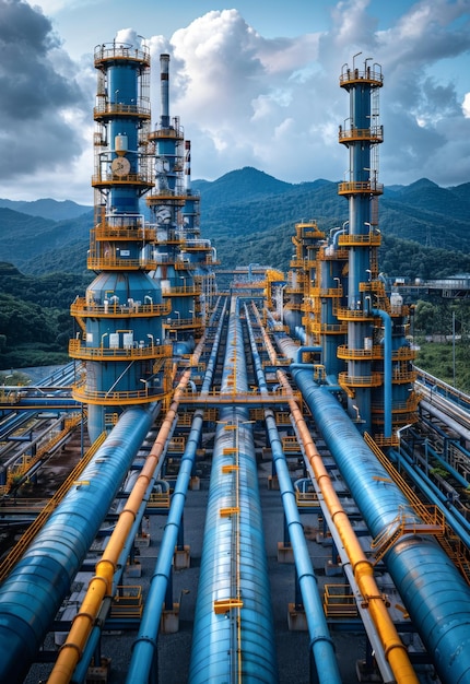 Foto oleoductos y plantas industriales en un día nublado