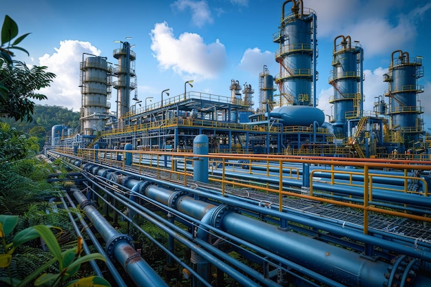 Foto oleoductos y plantas industriales en un día nublado