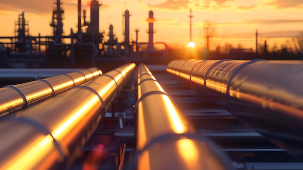 Foto oleoductos relucientes en el complejo industrial durante la puesta del sol infraestructura de energía moderna transporte de petróleo y gas superficies metálicas reflectantes en luz cálida ia