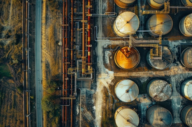 Foto oleoduto com edifício de armazenamento de petróleo de fundo