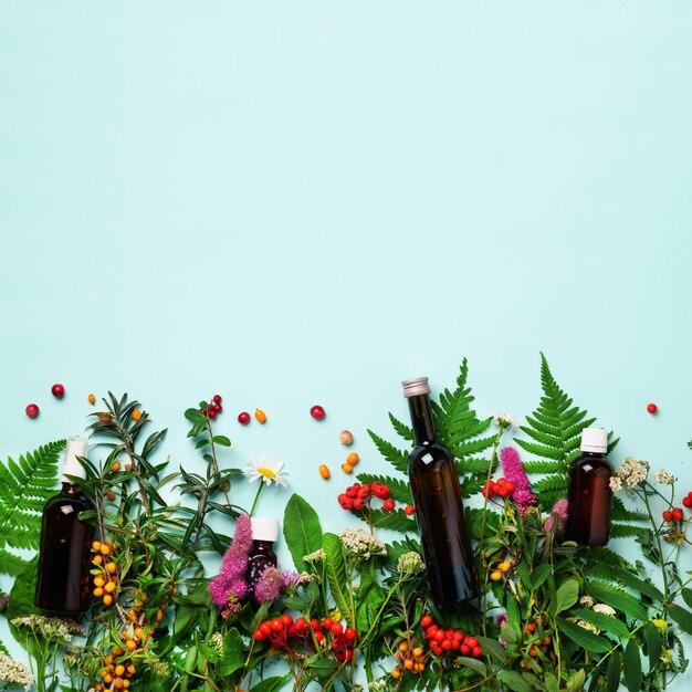 Foto Óleos essenciais em frascos de vidro escuro e ervas curativas de flores em fundo azul abordagem de medicina holística comida saudável comendo suplementos dietéticos corte quadrado