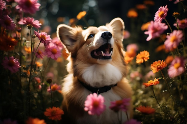 El olfato canino de la flor en un jardín en flor