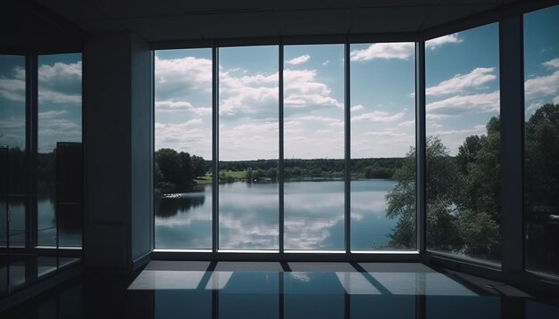 Olhando através da janela de vidro moderna, o céu azul reflete na água gerada pela IA