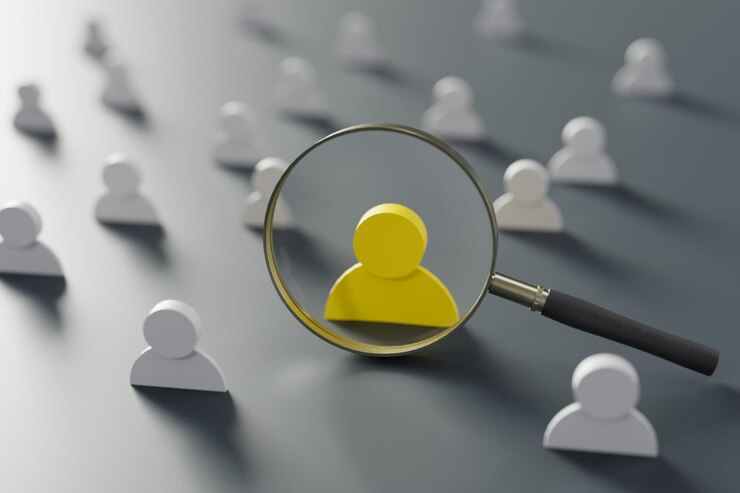 Olhando através de uma lupa para obter um trabalho de headhunting renderização em 3d