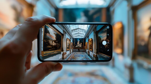 Foto olhando através do smartphone na galeria de arte pinturas nas paredes esculturas nos nichos