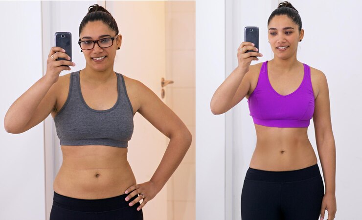 Foto olhando grande foto de uma mulher antes e depois de sua dieta