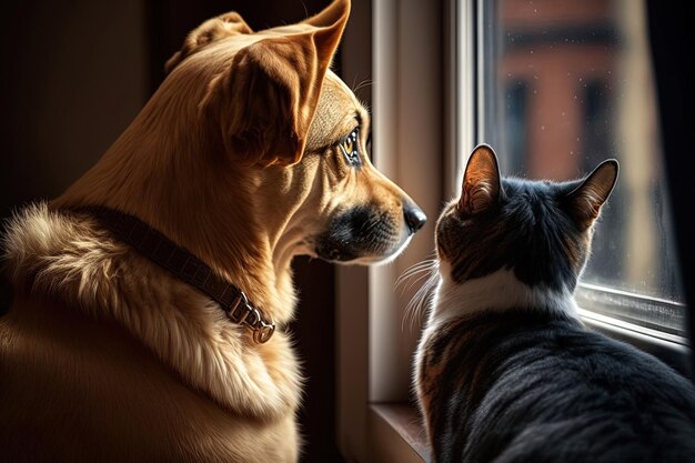 Olhando juntos pela janela, um cachorro e um gato são os melhores amigos