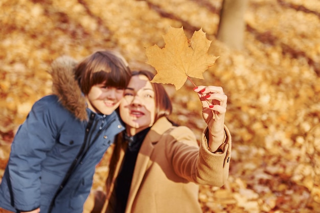 Olhando para a folha Mãe com seu filho está se divertindo ao ar livre na floresta de outono