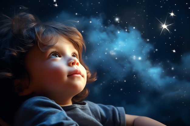 Foto olhando para as estrelas, bebé. fantasia do céu. olhando para os estrelas à noite.