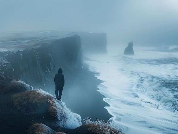 Olhando para as misteriosas falésias geladas do mar na luz atmosférica mal-humorada