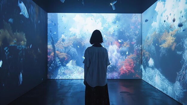 Olhando para as profundezas Uma mulher está hipnotizada pelo vibrante mundo subaquático projetado nas paredes circundantes