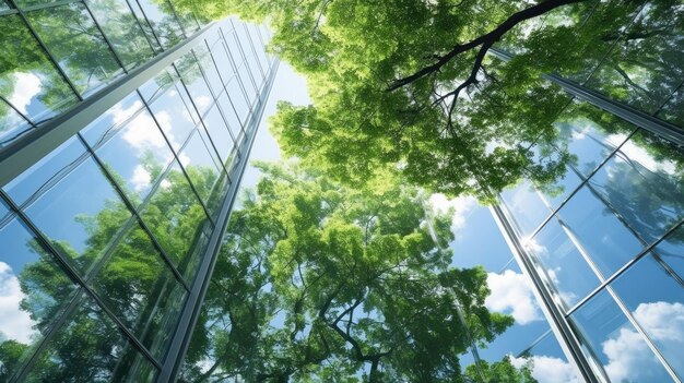 Olhando para o céu, vista de perto das janelas do escritório com reflexo do ambiente de árvore verde Generative AI image weber