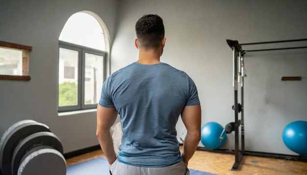 Olhando para uma pessoa jovem num ginásio em casa, de costas viradas, a fazer exercícios terapêuticos para gerir...