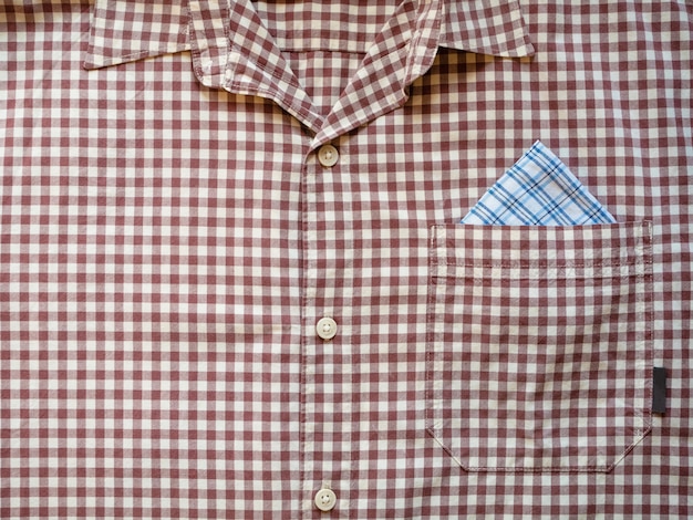 Olhar frontal de camisa de vestido formal de homem xadrez xadrez com canto de lenço olhar para fora do bolso no peito, close-up tiro padrão. moda masculina