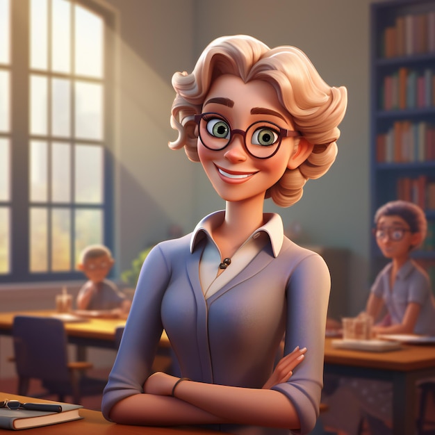 Olhar futuro da professora de personagem 3D na biblioteca