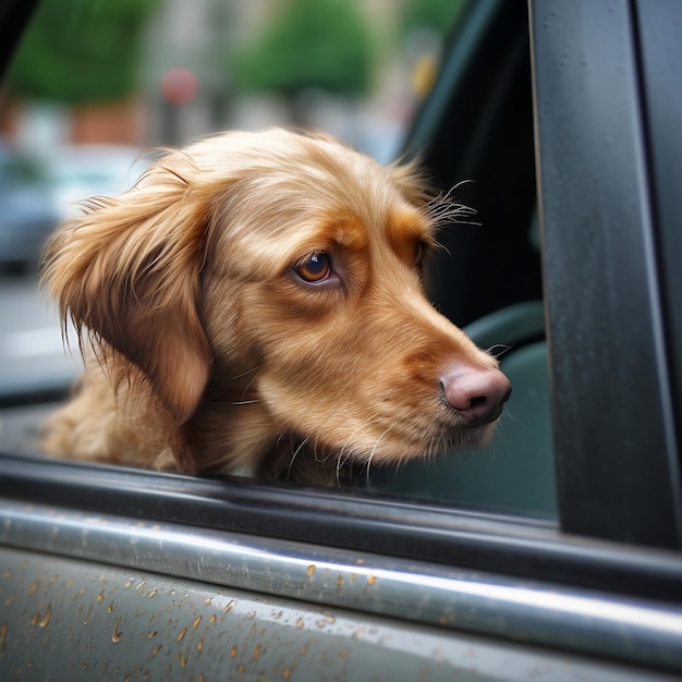 Olhar melancólico de cachorro da janela traseira do carro IA generativa