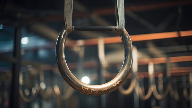 Olhe de perto para os anéis de ginástica pendurados em vigas robustas no ginásio