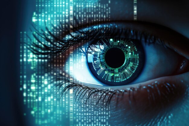 Olho cibernético feminino Tecnologia biônica futurista Modelo digital de olho humano verifica informações