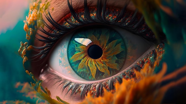 Olho colorido irreal da arte gerada pela rede neural de close up fantástica da mulher