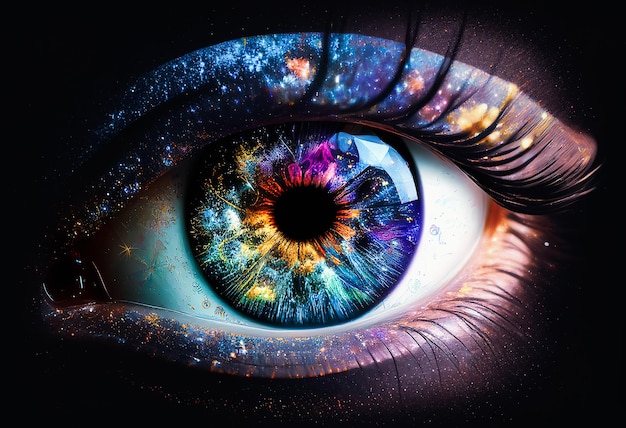 Foto olho cósmico em close-up olho humano com pálpebras reflexo do big bang na pupila gerado pela ia