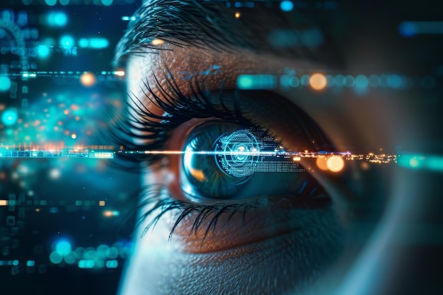 Olho de mulher com exibição futurista mostrando conceito de ciberespaço em fundo de tecnologia digital