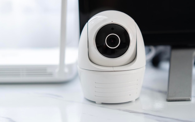 Olho de segurança digital Uma câmera de vigilância CCTV interna redonda branca monitorando a segurança