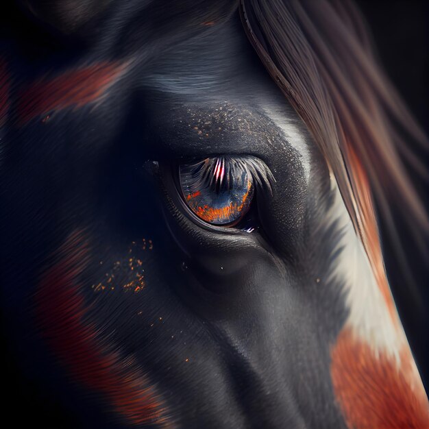 Olho de um cavalo com tinta laranja e preta sobre ele closeup