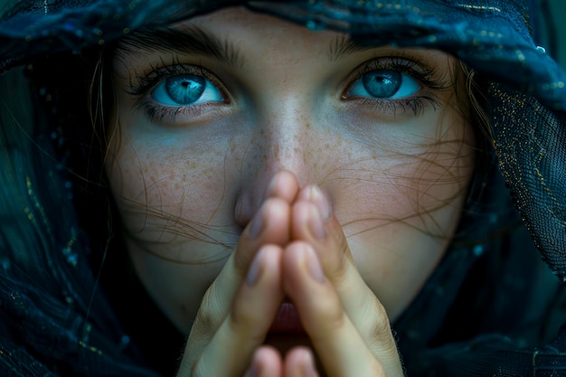 Olho Divino Retrato íntimo de uma mulher velada com olhos azuis em oração