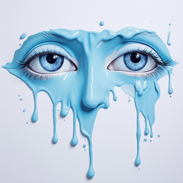Olho feminino azul com lágrimas e salpicos em fundo branco