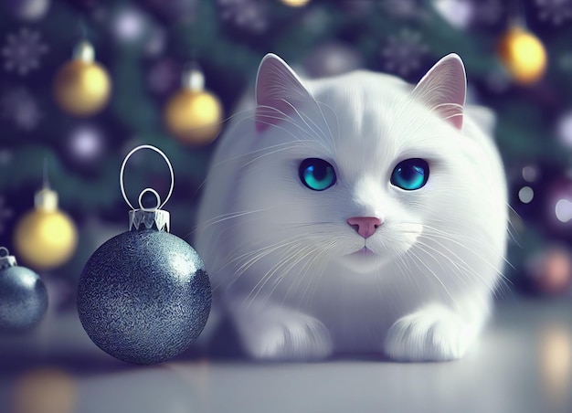 Olhos azuis luxuosos do gato da neve ornamento da árvore de Natal 3D renderizado imagem gerada por computador com uma cena de inverno nevado novo para o inverno 2023 fundo azul do Natal