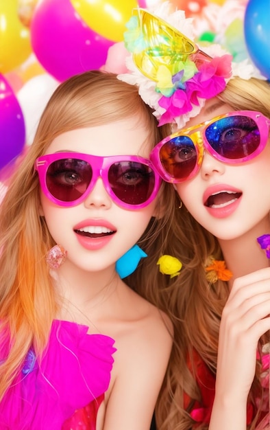 Olhos de meninas óculos de sol coloridos na noite de festa