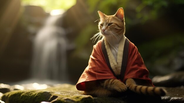olhos fechados gato sábio vestindo kimono fazendo meditação pose alta cachoeira fundo IA generativa
