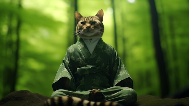 olhos gato sábio vestindo kimono fechado fazendo postura de meditação IA generativa