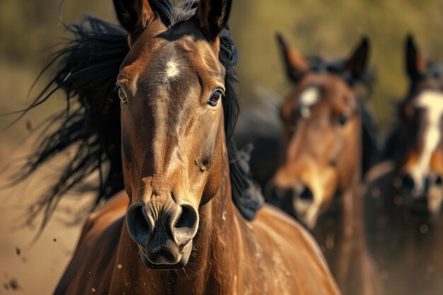 Olhos intensos e narinas flamejantes de cavalos no meio da corrida