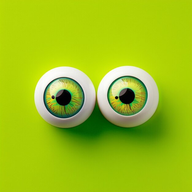 Foto olhos loucos em fundo verde néon. brinquedos engraçados. olhos fechados.