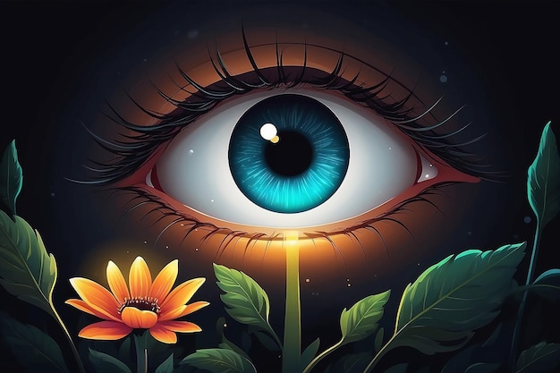 Olhos no escuro olhando para uma ilustração de flores brilhantes curiosidade