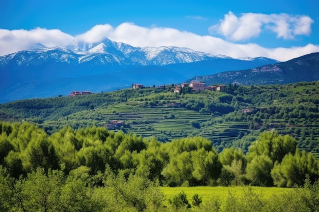 Olivais de montanha perto de uma aldeia mediterrânica