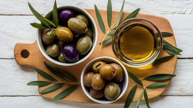 Olivas y aceite de oliva marinados con hojas de oliva en cuencos y tabla de cortar sobre madera blanca alta